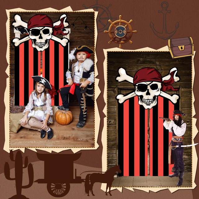 Alt view image 4 of 6 - 3 Pcs Halloween Pirate Decorations Doorway Curtain with Hooks Red Black Stripe Design, Skull Hanging Banner, Birthday Party Decor, Photo Booth Props, Pirate Theme Backdrop