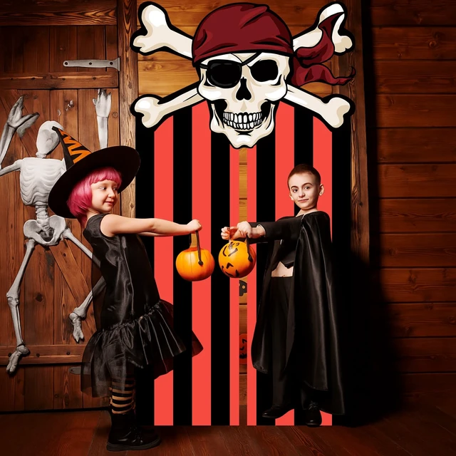 Alt view image 5 of 6 - 3 Pcs Halloween Pirate Decorations Doorway Curtain with Hooks Red Black Stripe Design, Skull Hanging Banner, Birthday Party Decor, Photo Booth Props, Pirate Theme Backdrop