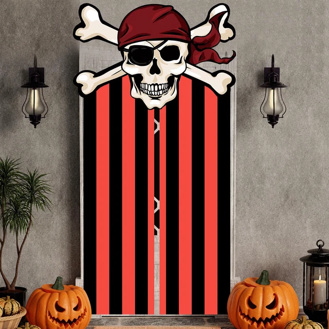 Alt view image 6 of 6 - 3 Pcs Halloween Pirate Decorations Doorway Curtain with Hooks Red Black Stripe Design, Skull Hanging Banner, Birthday Party Decor, Photo Booth Props, Pirate Theme Backdrop