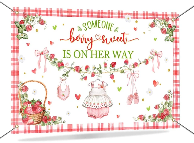 Main image of Berry Sweet Baby Shower Backdrop Decorations Banner for Strawberry Theme Berry Girl Sweet Baby is on The Way Backdrop Pink Strawberry Girl Baby Shower Decorations Photo Booth Props