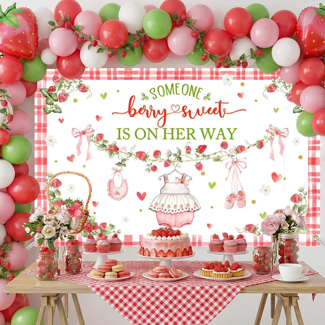 Alt view image 3 of 6 - Berry Sweet Baby Shower Backdrop Decorations Banner for Strawberry Theme Berry Girl Sweet Baby is on The Way Backdrop Pink Strawberry Girl Baby Shower Decorations Photo Booth Props