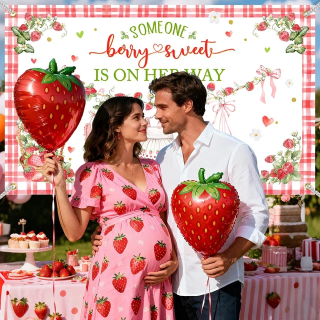 Alt view image 2 of 6 - Berry Sweet Baby Shower Backdrop Decorations Banner for Strawberry Theme Berry Girl Sweet Baby is on The Way Backdrop Pink Strawberry Girl Baby Shower Decorations Photo Booth Props
