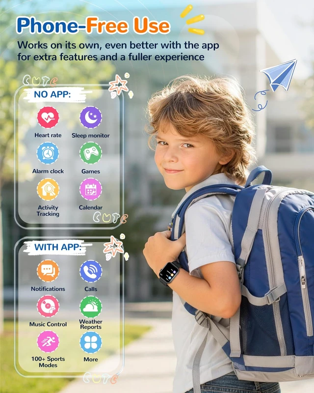 Alt view image 2 of 7 - Smart Watch for Kids No Phone Need, Fitness Tracker Watch Puzzle Game 2Band Pedometer, Heart Rate, Sleep Monitor, 100+sprots modes IP68 Waterproof,Alarm Clock Gift for Boys Girls 5-16
