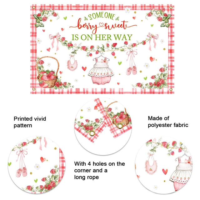 Alt view image 4 of 6 - Berry Sweet Baby Shower Backdrop Decorations Banner for Strawberry Theme Berry Girl Sweet Baby is on The Way Backdrop Pink Strawberry Girl Baby Shower Decorations Photo Booth Props
