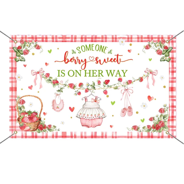 Alt view image 6 of 6 - Berry Sweet Baby Shower Backdrop Decorations Banner for Strawberry Theme Berry Girl Sweet Baby is on The Way Backdrop Pink Strawberry Girl Baby Shower Decorations Photo Booth Props