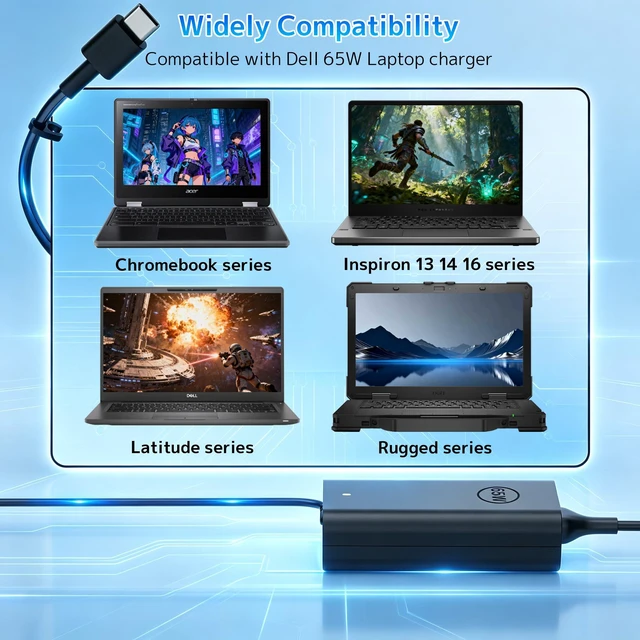 Alt view image 6 of 7 - 65W Laptop Charger Fit for Dell Chromebook 13 Latitude 3400 7430 XPS 13 Pro Inspiron 7490 XPS 12 13 AC Chromebook 13 Adapter 65W/45W PD Fast Charging Wide Compatibility Smart Temperature Control