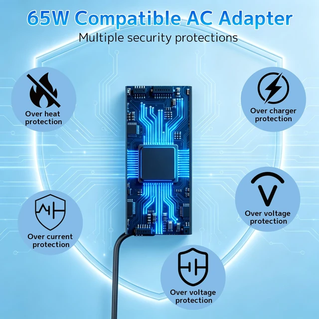 Alt view image 7 of 7 - 65W Laptop Charger Fit for Dell Chromebook 13 Latitude 3400 7430 XPS 13 Pro Inspiron 7490 XPS 12 13 AC Chromebook 13 Adapter 65W/45W PD Fast Charging Wide Compatibility Smart Temperature Control