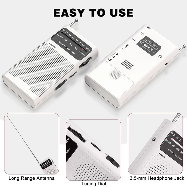 Alt view image 7 of 7 - Portable Radio AM FM, Battery Operated Radio for Gift, Elder-White Transistor Radio with Best Reception, Loud Speaker & Earphone Jack, 2AA Battery Powered Small Radios for Indoor Outdoor
