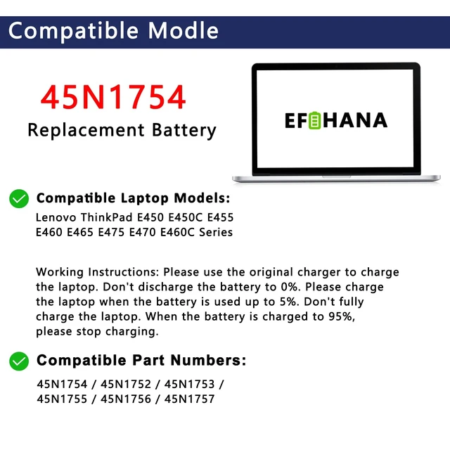 Alt view image 3 of 6 - 45N1754 45N1755 Laptop Battery Replacement for Lenovo ThinkPad E450 E450C E455 E460 E465 E475 E470 E460C Series Notebook 45N1752 45N1753 45N1756 45N1757 11.4V 47Wh 4120mAh 6-Cells
