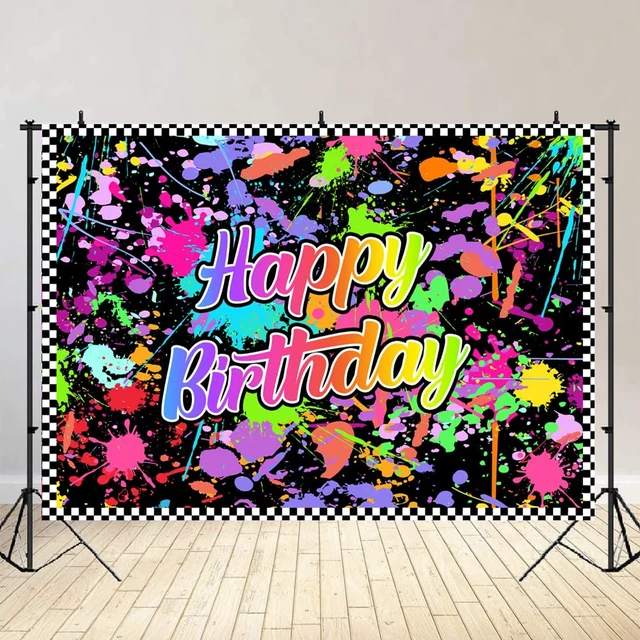Alt view image 2 of 5 - Happy Birthday Backdrop Neon Splatter Party Decor 6x4ft Glowing Graffiti Art Surface, Checkered Border Photography Banner, Retro Disco Theme Prop, Cake Table Wall Hanging