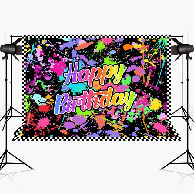 Alt view image 3 of 5 - Happy Birthday Backdrop Neon Splatter Party Decor 6x4ft Glowing Graffiti Art Surface, Checkered Border Photography Banner, Retro Disco Theme Prop, Cake Table Wall Hanging