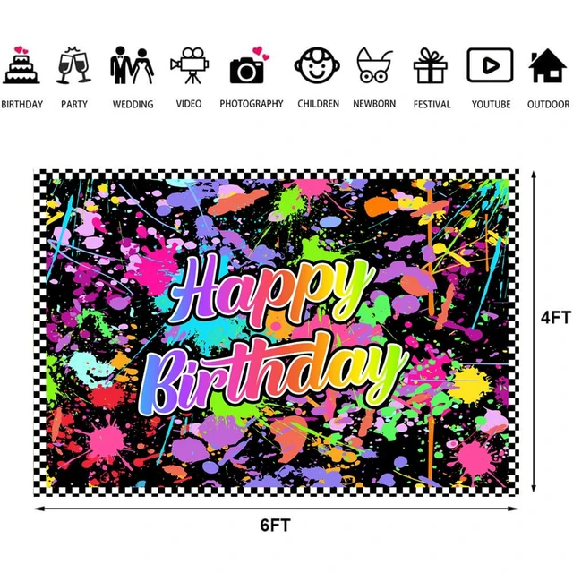 Alt view image 4 of 5 - Happy Birthday Backdrop Neon Splatter Party Decor 6x4ft Glowing Graffiti Art Surface, Checkered Border Photography Banner, Retro Disco Theme Prop, Cake Table Wall Hanging
