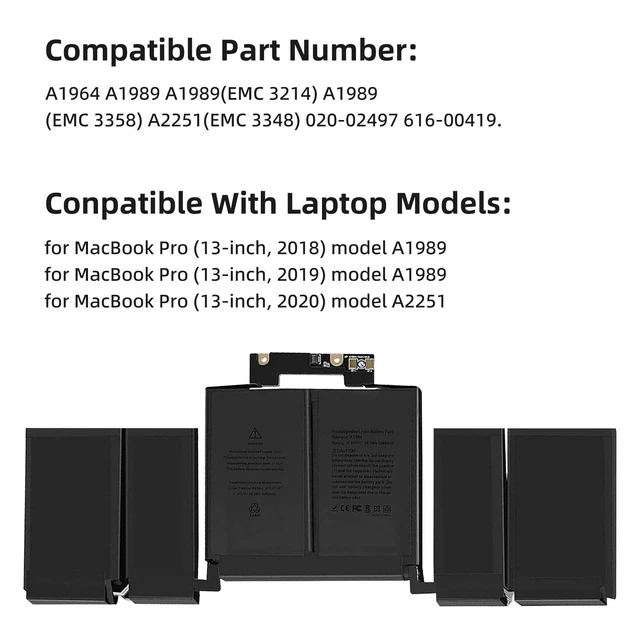 Alt view image 4 of 7 - A1964 Laptop Battery Replacement for MacBook Pro 13" A1989 (Mid 2018 2019) A2251(2020 Release) EMC 3214 3358 3348 BTO/CTO Touch Bar MR9Q2LL/A MR9V2LL/A MV962LL/A