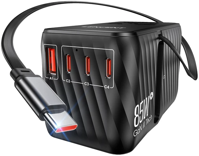 Main image of 85W Universal Travel Adapter with Retractable USB C Cable, GaN International Plug Adapter with 3 Type C&1 USB A Ports Fast Charging, Worldwide Outlet Converter for US to European EU UK AUS