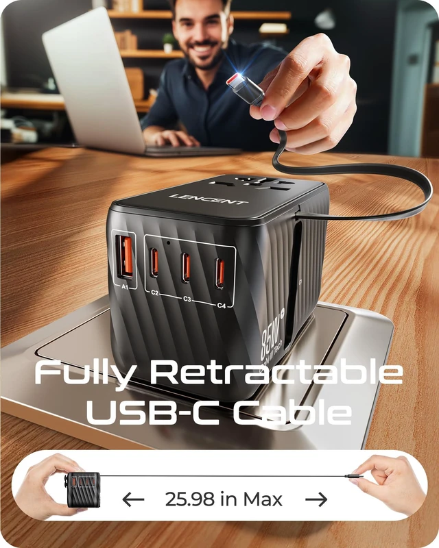 Alt view image 2 of 7 - 85W Universal Travel Adapter with Retractable USB C Cable, GaN International Plug Adapter with 3 Type C&1 USB A Ports Fast Charging, Worldwide Outlet Converter for US to European EU UK AUS