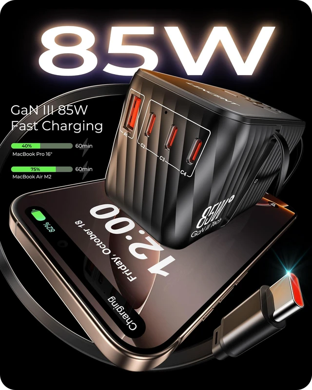 Alt view image 3 of 7 - 85W Universal Travel Adapter with Retractable USB C Cable, GaN International Plug Adapter with 3 Type C&1 USB A Ports Fast Charging, Worldwide Outlet Converter for US to European EU UK AUS