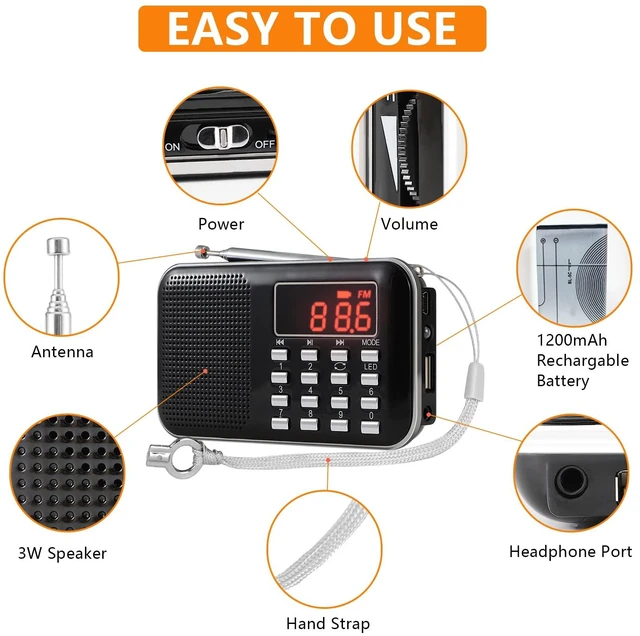 Alt view image 2 of 6 - Radios Portable AM/FM MP3 Speaker, Supports Micro SD/USB, Records Music, Rechargeable Battery, Mini Radio with Best Reception (Black)