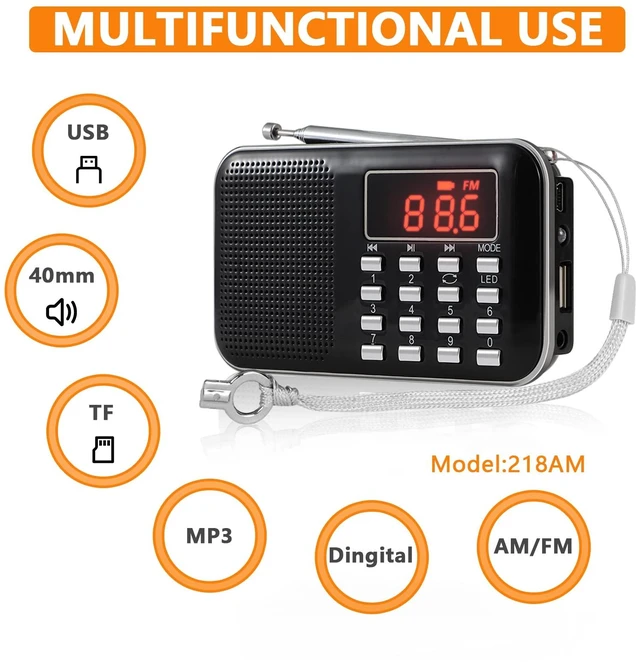Alt view image 4 of 6 - Radios Portable AM/FM MP3 Speaker, Supports Micro SD/USB, Records Music, Rechargeable Battery, Mini Radio with Best Reception (Black)