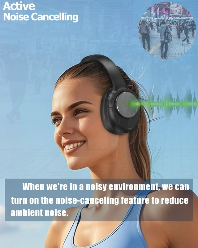 Alt view image 3 of 7 - Over Ear Hybrid Active Noise Cancelling Bluetooth Wireless Headphones,Deep Bass Hi-Fi Sound,45 Hours Long Playtime ANC Cancellation Headset with Microphone for Travel Workout,Black (Black)