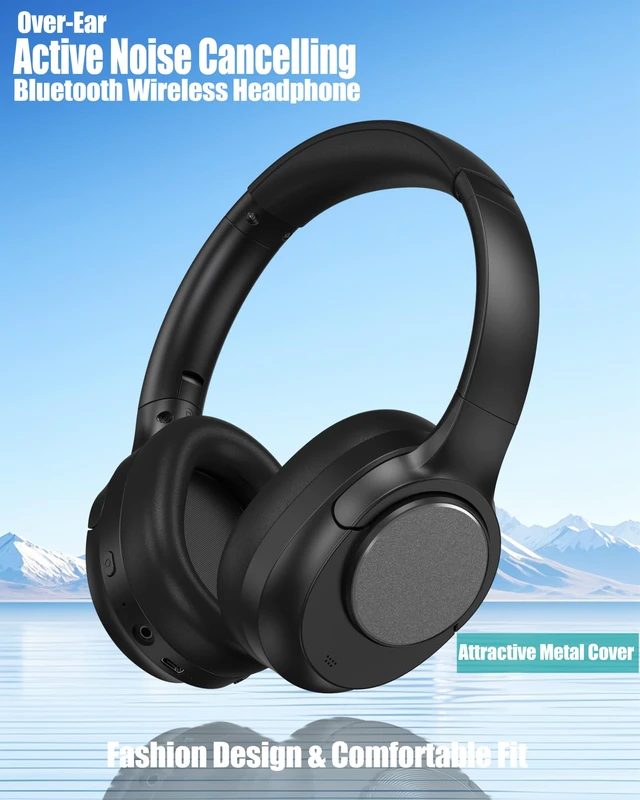 Alt view image 2 of 7 - Over Ear Hybrid Active Noise Cancelling Bluetooth Wireless Headphones,Deep Bass Hi-Fi Sound,45 Hours Long Playtime ANC Cancellation Headset with Microphone for Travel Workout,Black (Black)