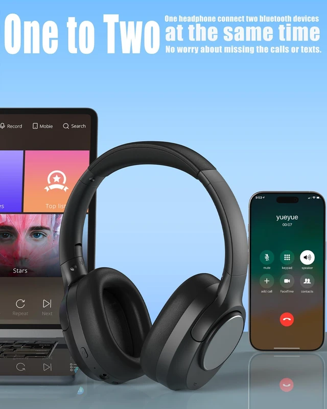 Alt view image 6 of 7 - Over Ear Hybrid Active Noise Cancelling Bluetooth Wireless Headphones,Deep Bass Hi-Fi Sound,45 Hours Long Playtime ANC Cancellation Headset with Microphone for Travel Workout,Black (Black)