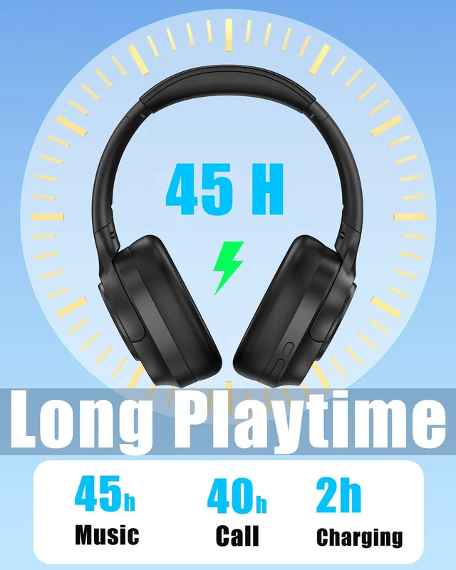 Alt view image 7 of 7 - Over Ear Hybrid Active Noise Cancelling Bluetooth Wireless Headphones,Deep Bass Hi-Fi Sound,45 Hours Long Playtime ANC Cancellation Headset with Microphone for Travel Workout,Black (Black)