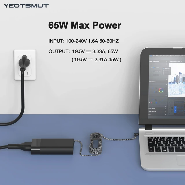 Alt view image 3 of 6 - 65W 45W Replacement for HP Laptop Charger for Pavilion,Spectre X360, Envy X360, Elitebook 840, ProBook, and More Laptop Power Supply