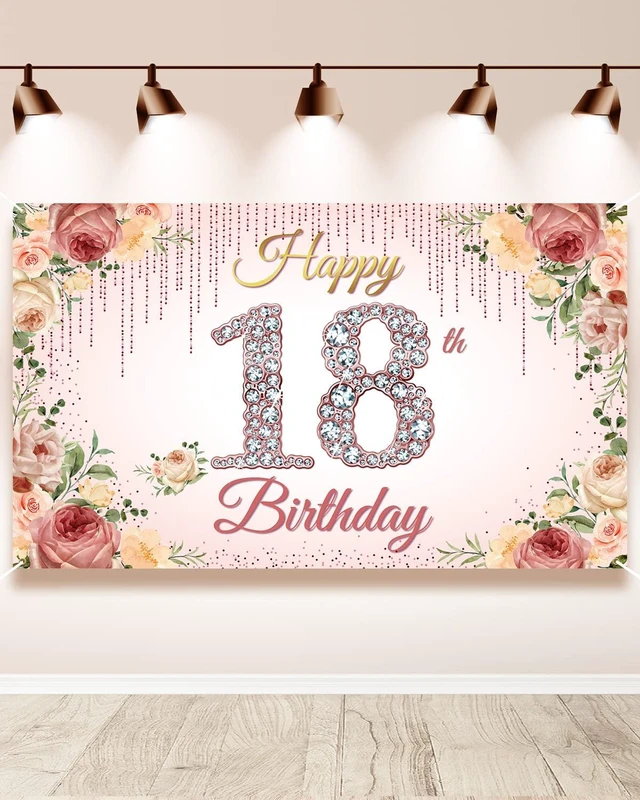 Main image of 18thBirthday Decorations, Rose Gold Happy 18th Birthday Backdrop Banner for Women, Pink Floral 18 Year Old Birthday Party Yard Sign Photo Booth Props Decor, Fabric, 6.1ft x 3.6ft
