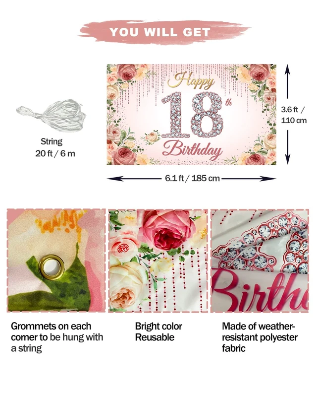 Alt view image 2 of 6 - 18thBirthday Decorations, Rose Gold Happy 18th Birthday Backdrop Banner for Women, Pink Floral 18 Year Old Birthday Party Yard Sign Photo Booth Props Decor, Fabric, 6.1ft x 3.6ft