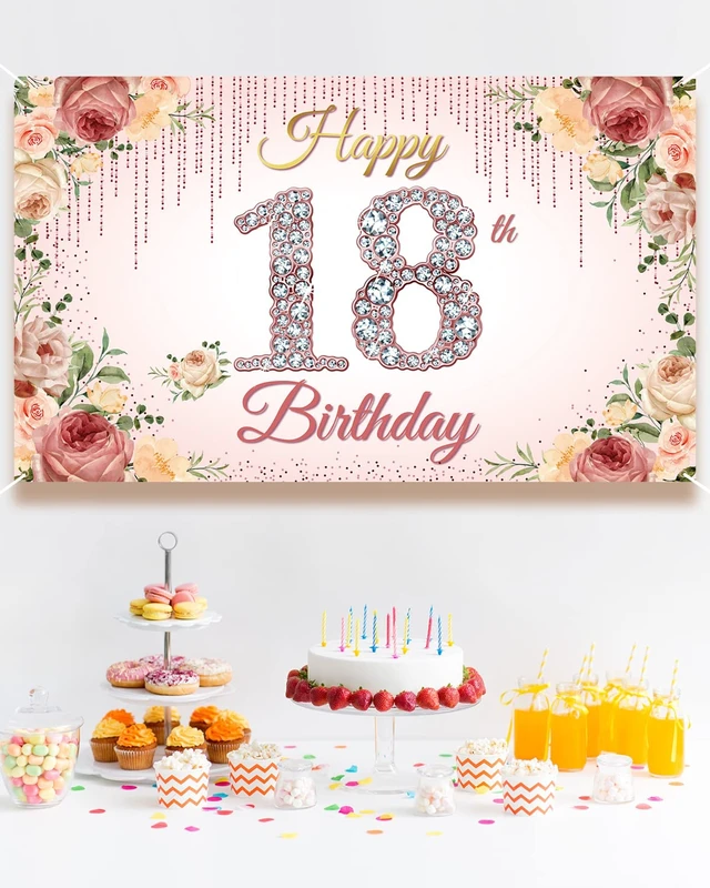 Alt view image 3 of 6 - 18thBirthday Decorations, Rose Gold Happy 18th Birthday Backdrop Banner for Women, Pink Floral 18 Year Old Birthday Party Yard Sign Photo Booth Props Decor, Fabric, 6.1ft x 3.6ft
