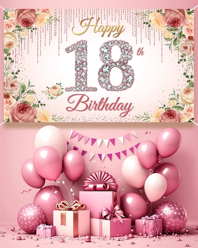 Alt view image 4 of 6 - 18thBirthday Decorations, Rose Gold Happy 18th Birthday Backdrop Banner for Women, Pink Floral 18 Year Old Birthday Party Yard Sign Photo Booth Props Decor, Fabric, 6.1ft x 3.6ft