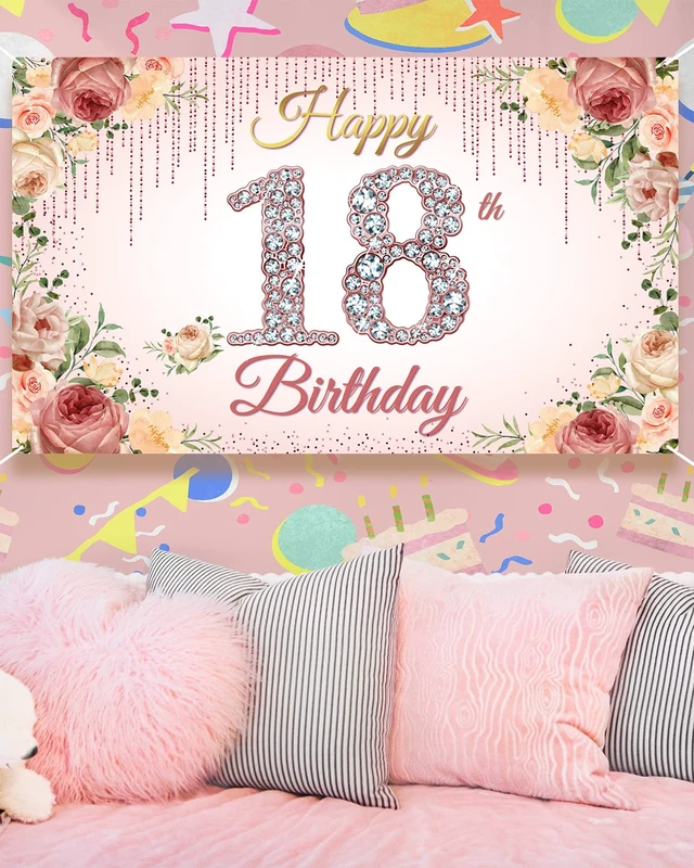 Alt view image 6 of 6 - 18thBirthday Decorations, Rose Gold Happy 18th Birthday Backdrop Banner for Women, Pink Floral 18 Year Old Birthday Party Yard Sign Photo Booth Props Decor, Fabric, 6.1ft x 3.6ft