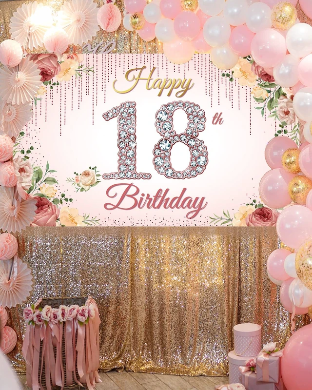 Alt view image 5 of 6 - 18thBirthday Decorations, Rose Gold Happy 18th Birthday Backdrop Banner for Women, Pink Floral 18 Year Old Birthday Party Yard Sign Photo Booth Props Decor, Fabric, 6.1ft x 3.6ft