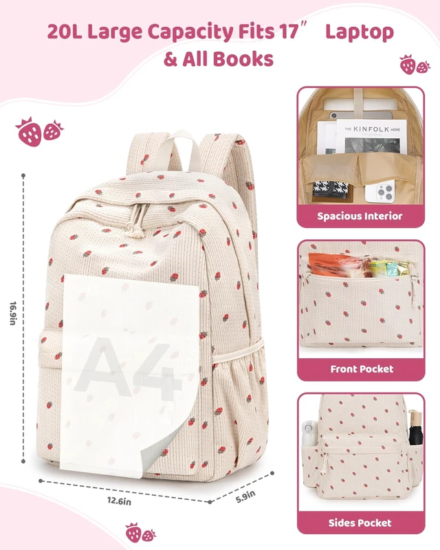 Alt view image 3 of 6 - 20L Laptop Backpack for Women Cute Corduroy Casual Daypack Backpack 17" Large Lightweight Vintage Backpack, Water Resistant Casual Daypack for Adult, Daily Use for Work Travel Hiking