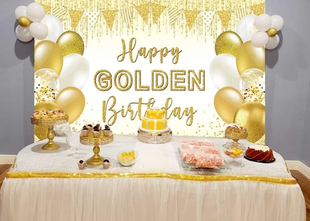 Alt view image 2 of 5 - Happy Golden Birthday Photography Backdrop 7x5FT Realistic Gold Balloon Glitter Wall, Golden Birthday Party Photo Backdrop, Lightweight Vinyl, Easy Hang & Wipe Clean