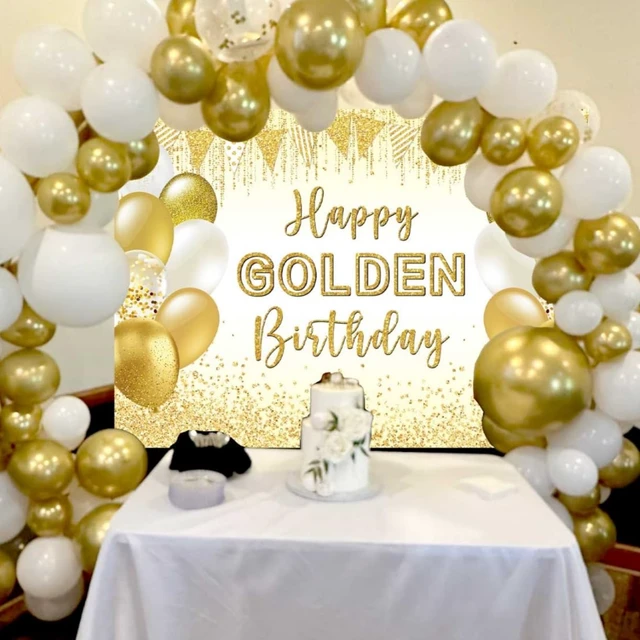 Alt view image 3 of 5 - Happy Golden Birthday Photography Backdrop 7x5FT Realistic Gold Balloon Glitter Wall, Golden Birthday Party Photo Backdrop, Lightweight Vinyl, Easy Hang & Wipe Clean