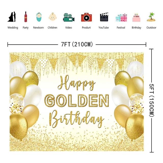 Alt view image 4 of 5 - Happy Golden Birthday Photography Backdrop 7x5FT Realistic Gold Balloon Glitter Wall, Golden Birthday Party Photo Backdrop, Lightweight Vinyl, Easy Hang & Wipe Clean