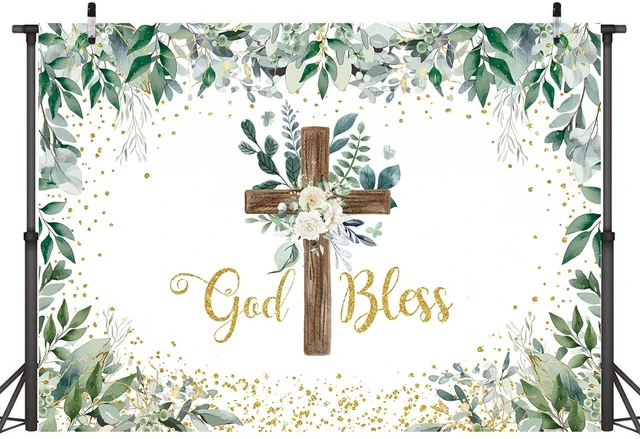 Main image of Eucalyptus God Bless Greenery Wooden Cross Baptism Backdrop 7×5FT Eucalyptus God Bless Photography Background First Holy Communion Party Decoration