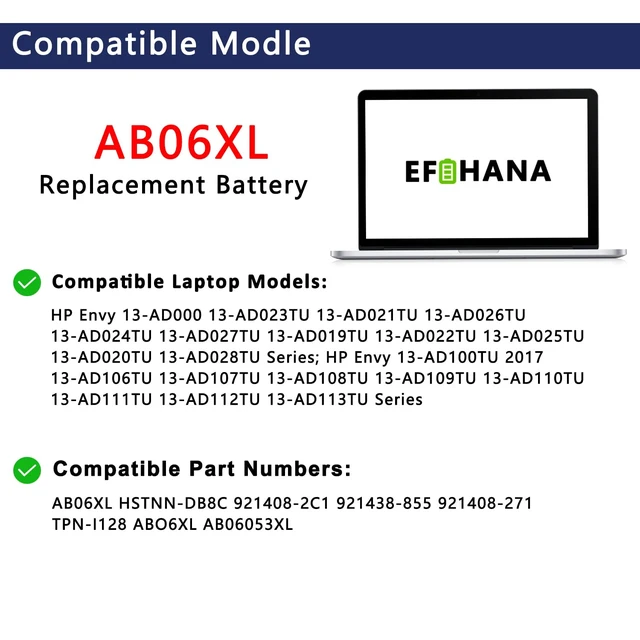 Alt view image 3 of 6 - AB06XL Laptop Battery Replacement for HP Envy 13 2017 13-AD019TU 2EX75PA 2EX78PA 2EX80PA 2EX85PA 2EX88PA Series Notebook HSTNN-DB8C 921408-2C1 921438-855 TPN-I128 ABO6XL 7.7V 53.61Wh 6962mAh