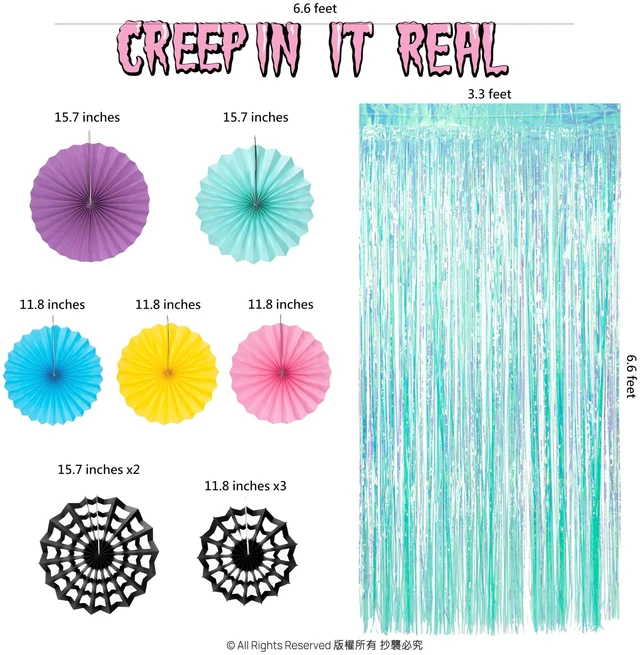 Alt view image 2 of 5 - Halloween Neon Spider Web Backdrop Banner Party Decorations Cyan Pink Pastel Foil Summerween Curtain Streamers Cobweb Paper Fans Photobooth Background for Birthday Witch Party Supplies