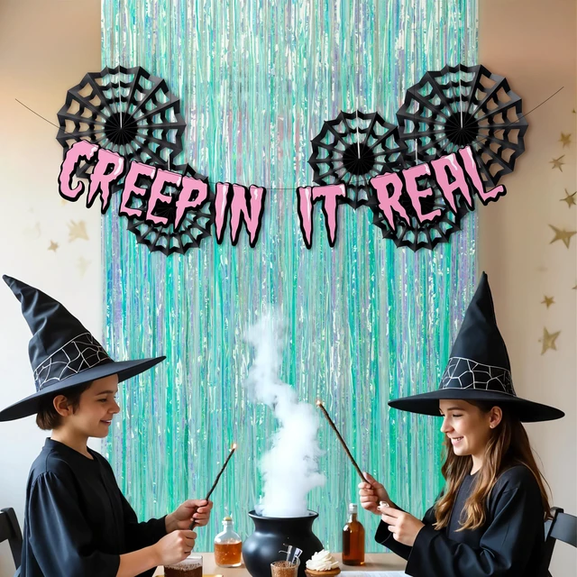 Alt view image 3 of 5 - Halloween Neon Spider Web Backdrop Banner Party Decorations Cyan Pink Pastel Foil Summerween Curtain Streamers Cobweb Paper Fans Photobooth Background for Birthday Witch Party Supplies