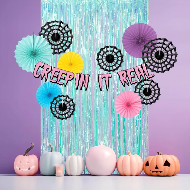 Alt view image 4 of 5 - Halloween Neon Spider Web Backdrop Banner Party Decorations Cyan Pink Pastel Foil Summerween Curtain Streamers Cobweb Paper Fans Photobooth Background for Birthday Witch Party Supplies