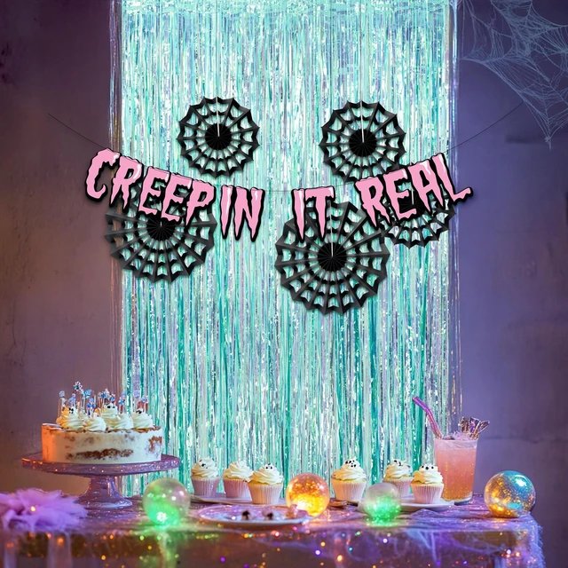 Alt view image 5 of 5 - Halloween Neon Spider Web Backdrop Banner Party Decorations Cyan Pink Pastel Foil Summerween Curtain Streamers Cobweb Paper Fans Photobooth Background for Birthday Witch Party Supplies