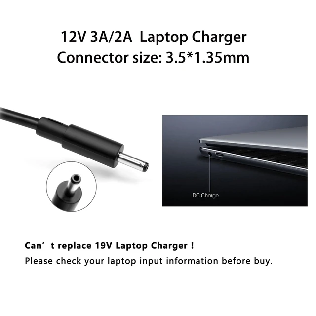 Alt view image 6 of 7 - 12V 3A 2A Charger Compatible with BMAX MaxBook X15 S15 S13 S13a Y14 Y13 X14 Pro TECLAST F15 F15S F7S F7 F6S F6 X16 X6 X4 X11 M16 pro Plus 2 3 BMax SGIN OTVOC Power Cord 3.5 * 1.35mm