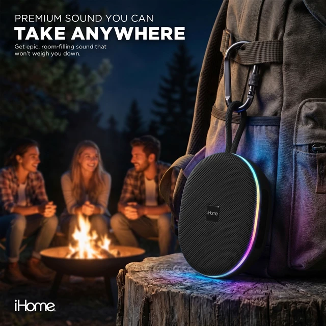 Alt view image 7 of 7 - Venture Wireless Portable Bluetooth Speaker with RGB Lights Water Resistant, Built-in Carry Strap, TWS Pairing, Color-Changing LEDs, Rechargeable Battery, Cable Included, Bluetooth 5.3