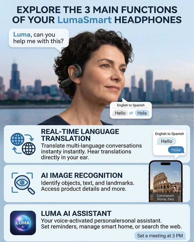 Alt view image 4 of 7 - E12 Open-Ear Smart Headphones with Camera AI Translation Earbuds Bluetooth Built-In 8MP HD Camera, Smart Translation Headphones, AI Assistance, Open-Ear Design, Bluetooth Wireless Earbuds, ENC, IP54