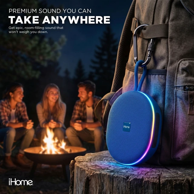 Alt view image 7 of 7 - Venture Wireless Portable Bluetooth Speaker with RGB Lights Water Resistant, Built-in Carry Strap, TWS Pairing, Color-Changing LEDs, Rechargeable Battery, Cable Included, Bluetooth 5.3