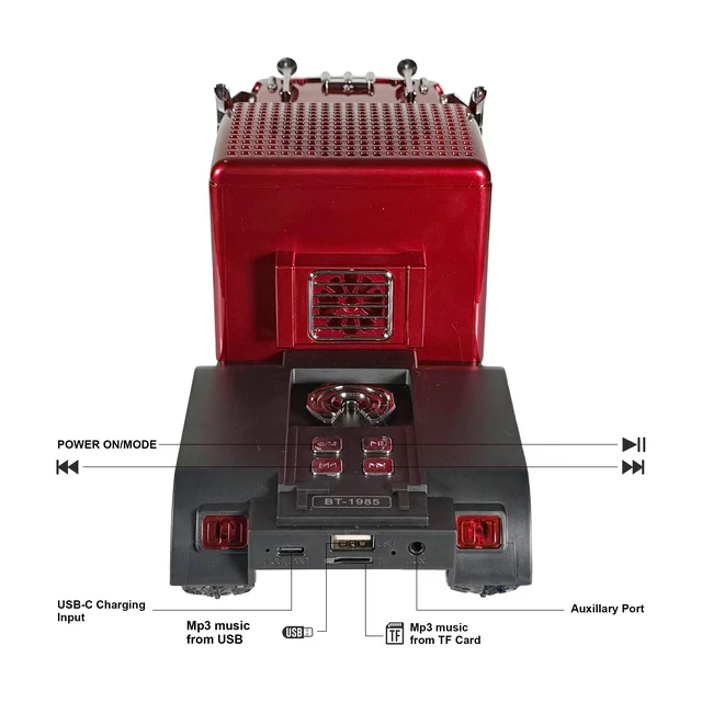 Alt view image 3 of 7 - BT-1985 Rechargable Portable Bluetooth Speaker with FM Radio, Red LED Lights, TWS, FM Radio, USB/TF Playback, AUX Input, Built-In Microphone, USB-C Cable Included