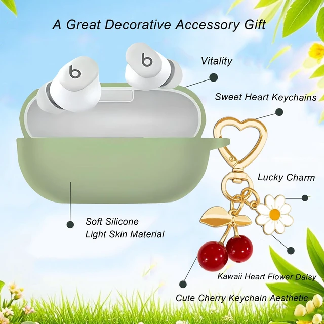 Alt view image 4 of 7 - Protective Case for Beats Solo Buds Case Cover,Cute Cherry Charm Heart Keychain, Soft Silicone Daisy Key Chains Accessories for New Beats Solo Charging Case Earbuds for Women Men Cactus Green