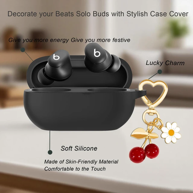 Alt view image 7 of 7 - Protective Case for Beats Solo Buds Case Cover with Cute Cherry Charm Heart Keychain, Soft Silicone Daisy Key Chains Accessories for New Beats Solo Charging Case Earbuds for Women Men Black